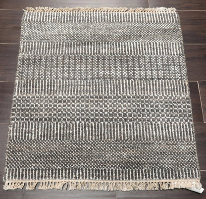2'x2' Ivory Hand Knotted Tibetan Modern Wool and Bamboo Silk Oriental Area Rug