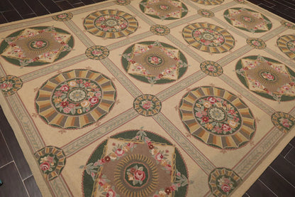 9x12 Beige Hand Hooked 100% Wool Traditional French Aubusson Oriental Area Rug