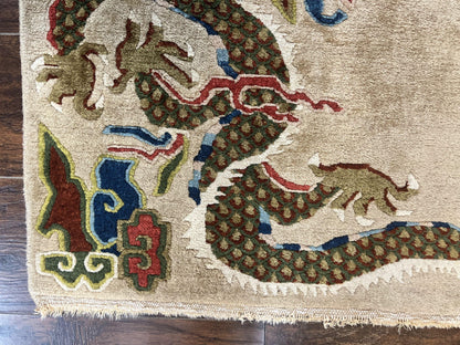 Antique Chinese Peking Rug 3 x 5.6, Dragon Motifs, Handmade Wool Asian Oriental Carpet