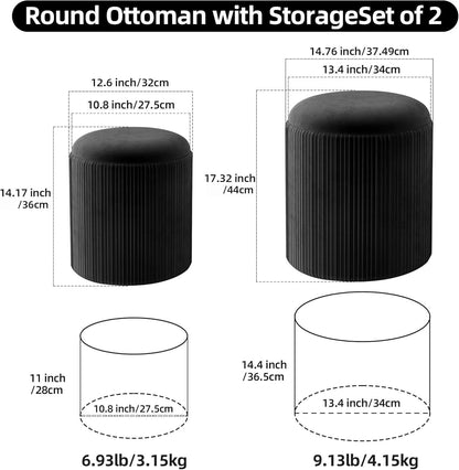 Round Velvet Storage Ottoman Black Lacquered Finish