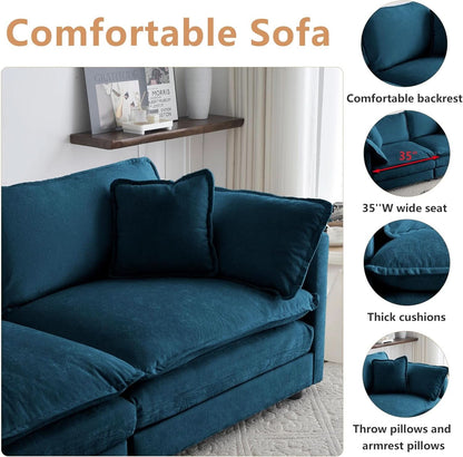 Blue Chenille Three Piece Sofa Set With Seven Pillows