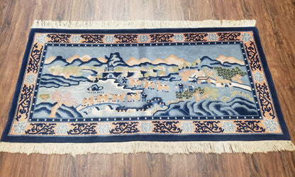 Vintage Chinese Pictorial Rug 2'4" x 4' 7", Chinese Village, Wool Hand-Knotted Blue & Teal Fine Carpet, Tapestry Rug, Woven Wall Art