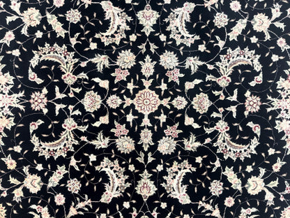 Sino Persian Rug 6x9, Black and Ivory, Wool and Silk Highlights, Handmade