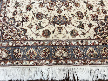 Sino Persian Square Rug 5x5, Very Fine Oriental Carpet, Wool & Silk Highlights, Ivory, Hand Knotted Handmade Vintage Traditional Rug