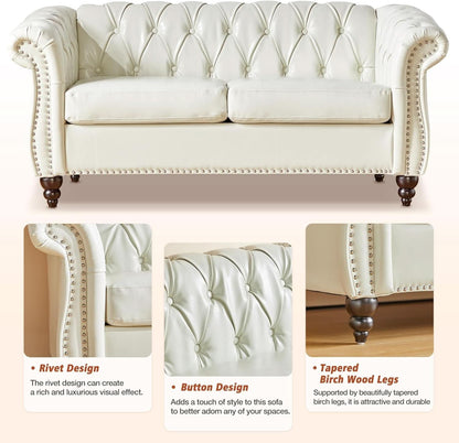 2 Piece Chesterfield Faux Leather Living Room Set Loveseat And Chair With Scroll Arms And Nailhead White
