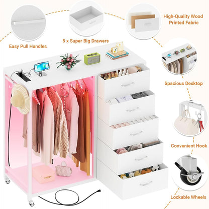 White Dresser With Rack And Charging Station Five Drawers