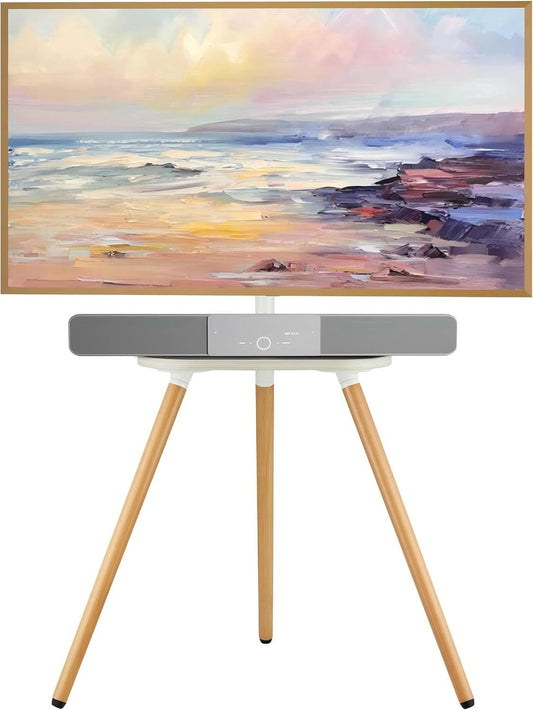 Tripod TV Stand 40-65 Inch White Swivel Wooden Tray