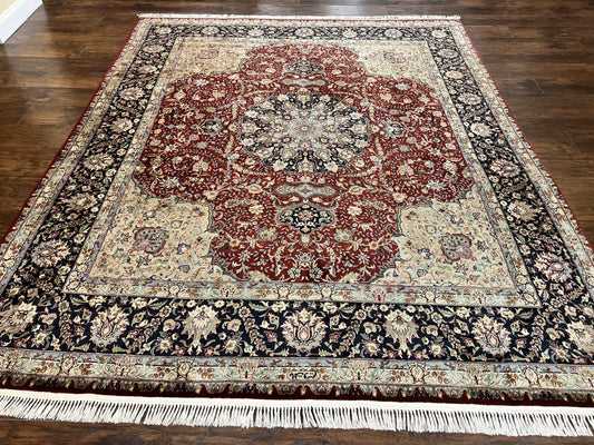 Pak Persian Rug 8x10, Wool Hand Knotted Vintage Carpet, Dark Red & Navy Blue, Dome Design Floral Medallion Rug, 8 x 10 Oriental Rug