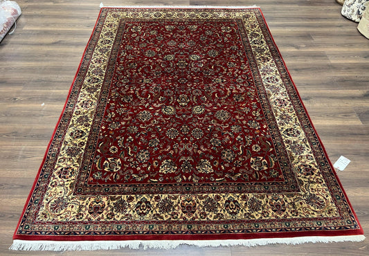 Vintage Indo Persian Rug 6x9, Very Finely Hand-Knotted Carpet 6 x 9 Red Cream Indian Oriental Carpet, Traditional Floral Wool Area Rug 1970s