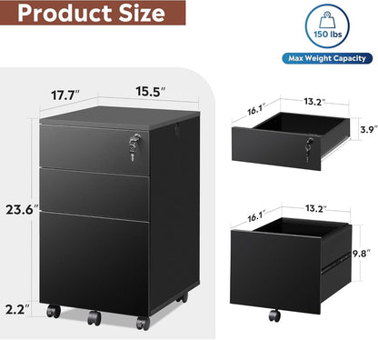 3 Drawer Lockable File Cabinet Under Desk Rolling Black Fits Letter Legal A4 Folders