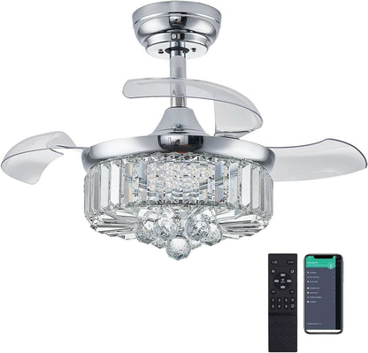 30 Inch Crystal Chandelier Ceiling Fan With Retractable Blades