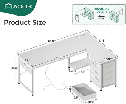 L Shaped Desk 61 Inch With USB Ports For Home Office