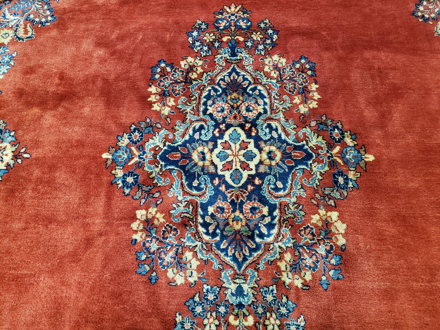 Semi Antique Persian Sarouk Rug 9x12,  Semi Open Field with Central Medallion, Hand Knotted Wool, Tomato Red, 9 x 12 Authentic Oriental Carpet