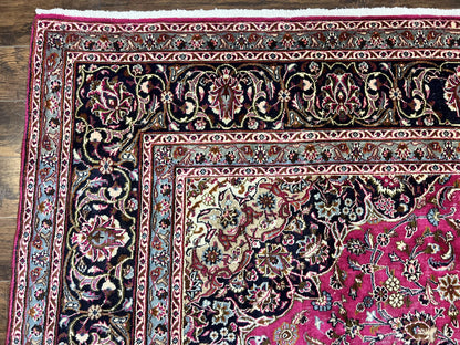 Persian Rug 10x13, Wool Hand Knotted Antique Kashmar Carpet, Raspberry Red & Navy Blue, Floral Medallion, Traditional Oriental Rug 10 x 13