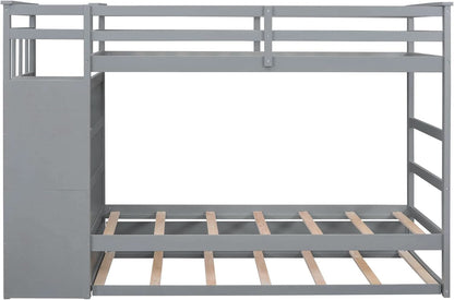 Natural Gray Twin Bunk Bed With Trundle And Stairs