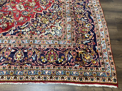 Persian Kashan Rug 9x12, Red Navy Blue, Allover Floral Medallion & Corner Design, Handmade Wool Oriental Carpet, Semi Antique Traditional Carpet