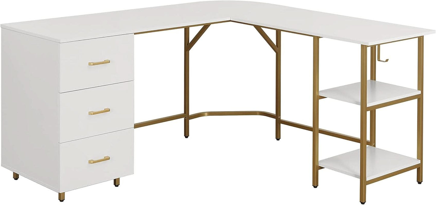 L Shaped Corner Desk Two Tone With Drawers And Shelves For Home Office