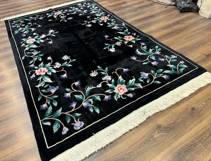 Chinese Wool Rug 6x9, Black, Floral, Minimal Design, 90 Line Carpet, Vintage Art Deco Rug
