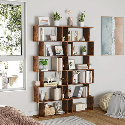 Geometric Bookcase 6 Tier S Shaped Rustic Brown Wood Shelf