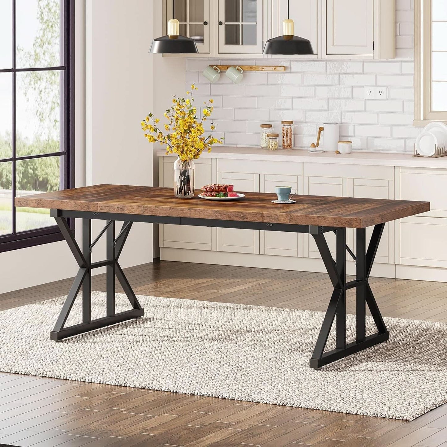 Farmhouse 70.8 Inch Wood Dining Table With Metal Legs