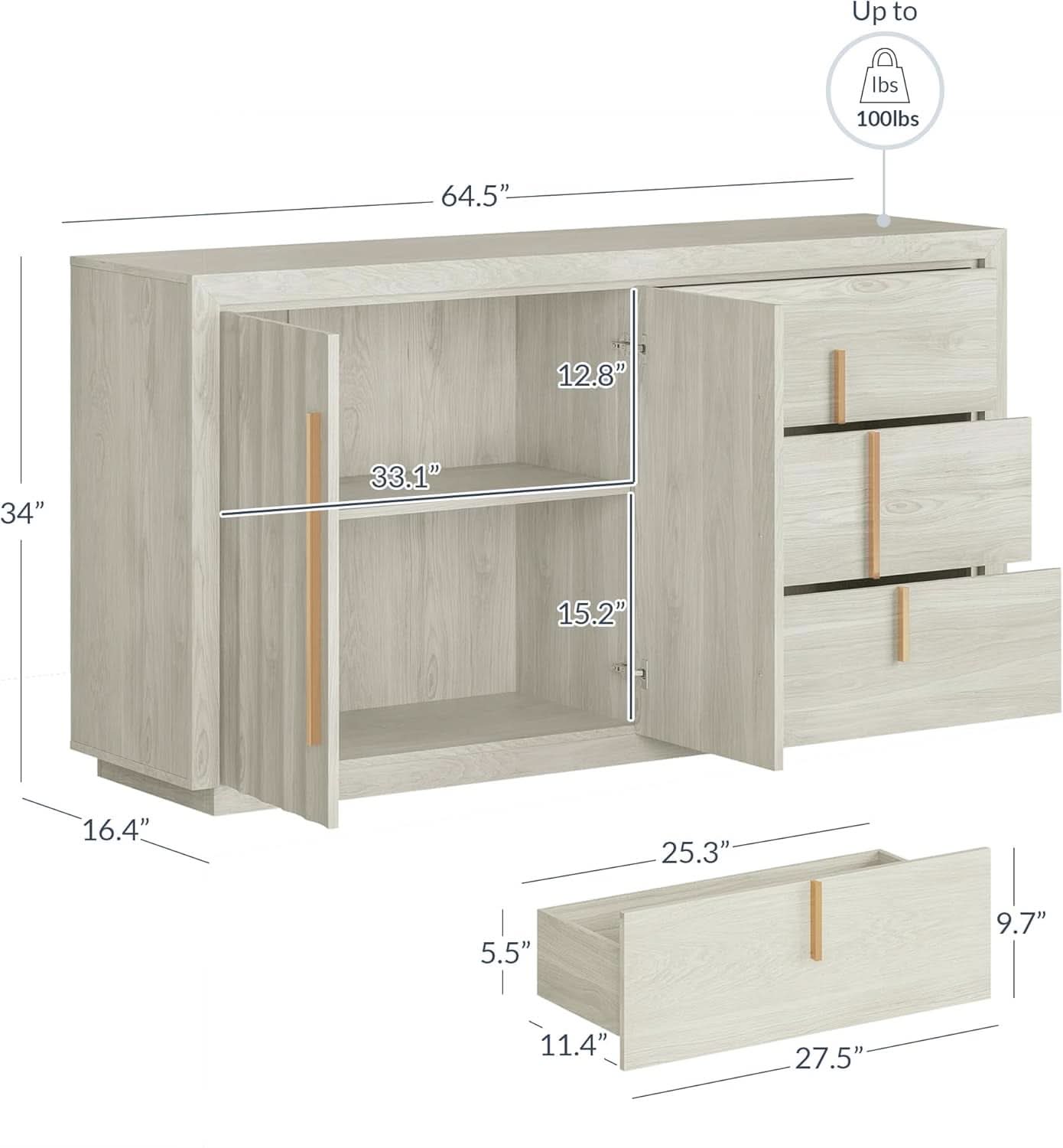 64 Inch Modern Industrial Sideboard Cabinet White Sand