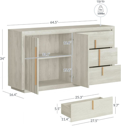 64 Inch Modern Industrial Sideboard Cabinet White Sand