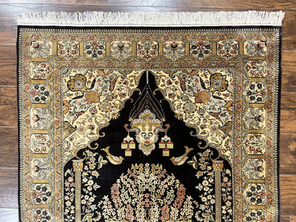 Wonderful Sino Persian Silk Rug 4x6, Tree of LIfe Design, Masterpiece 575 KPSI, Birds, Prayer Rug, Black, Silk on Silk
