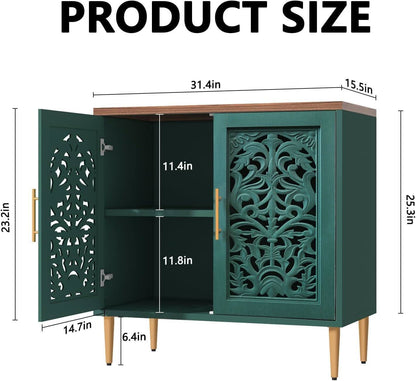 Green Accent Cabinet Carved Storage Vintage Furniture