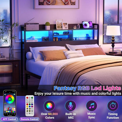 Queen Size Headboard with USB Ports and LED Light