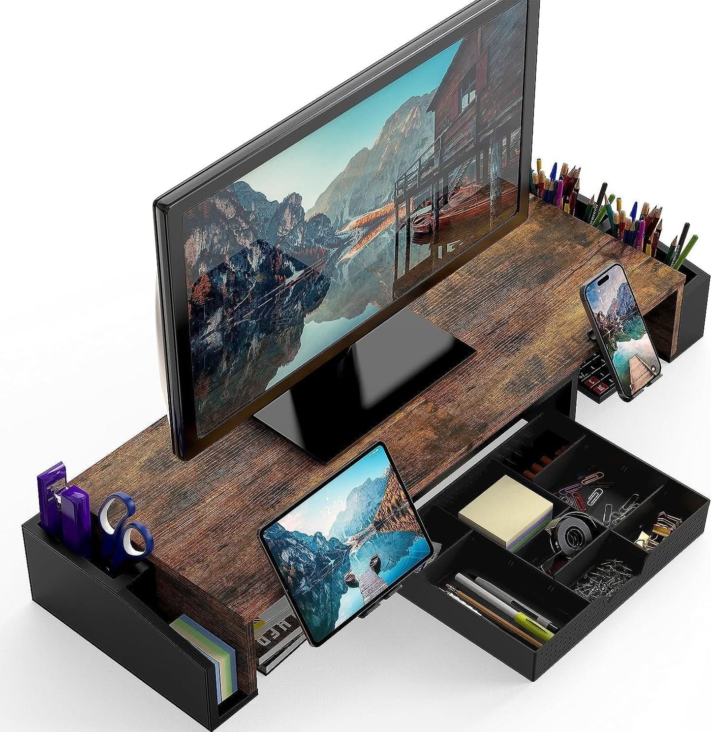Desk Dual Monitor Stand Riser With Drawer Rustic Brown
