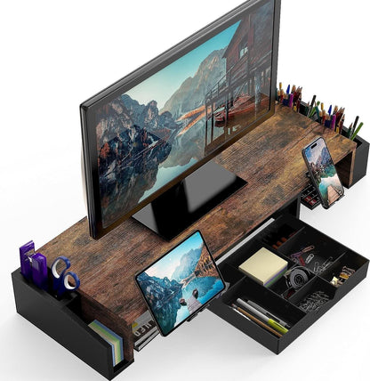Desk Dual Monitor Stand Riser With Drawer Rustic Brown