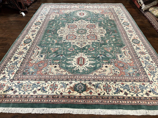 Indo Heriz Rug 9x12, Geometric Oriental Carpet, Room Sized Wool Handmade Hand Knotted Vintage Green and Cream Area Rug, Indian Rug 9 x 12