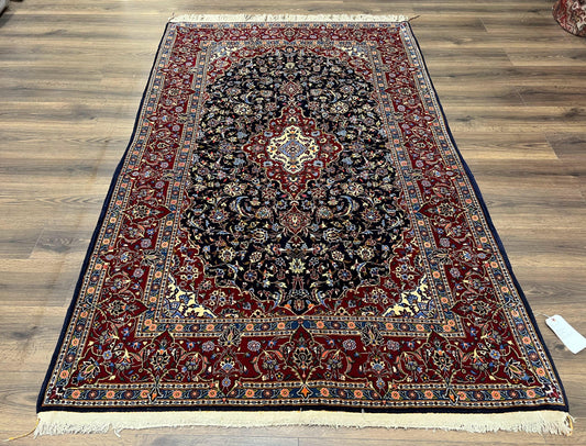Dark Blue Persian Rug 5x8, Kork Wool Semi Antique Kashan Carpet, Very Fine Lachak Toranj Rug, Hand Knotted Floral Medallion Rug, 5 x 8 Oriental Rug