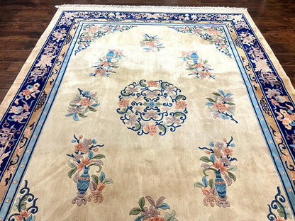 Chinese Wool Rug 8x11, Peking Asian Oriental Carpet, Cream/Ivory and Blue, Vintage Handmade Rug, Art Deco Rug
