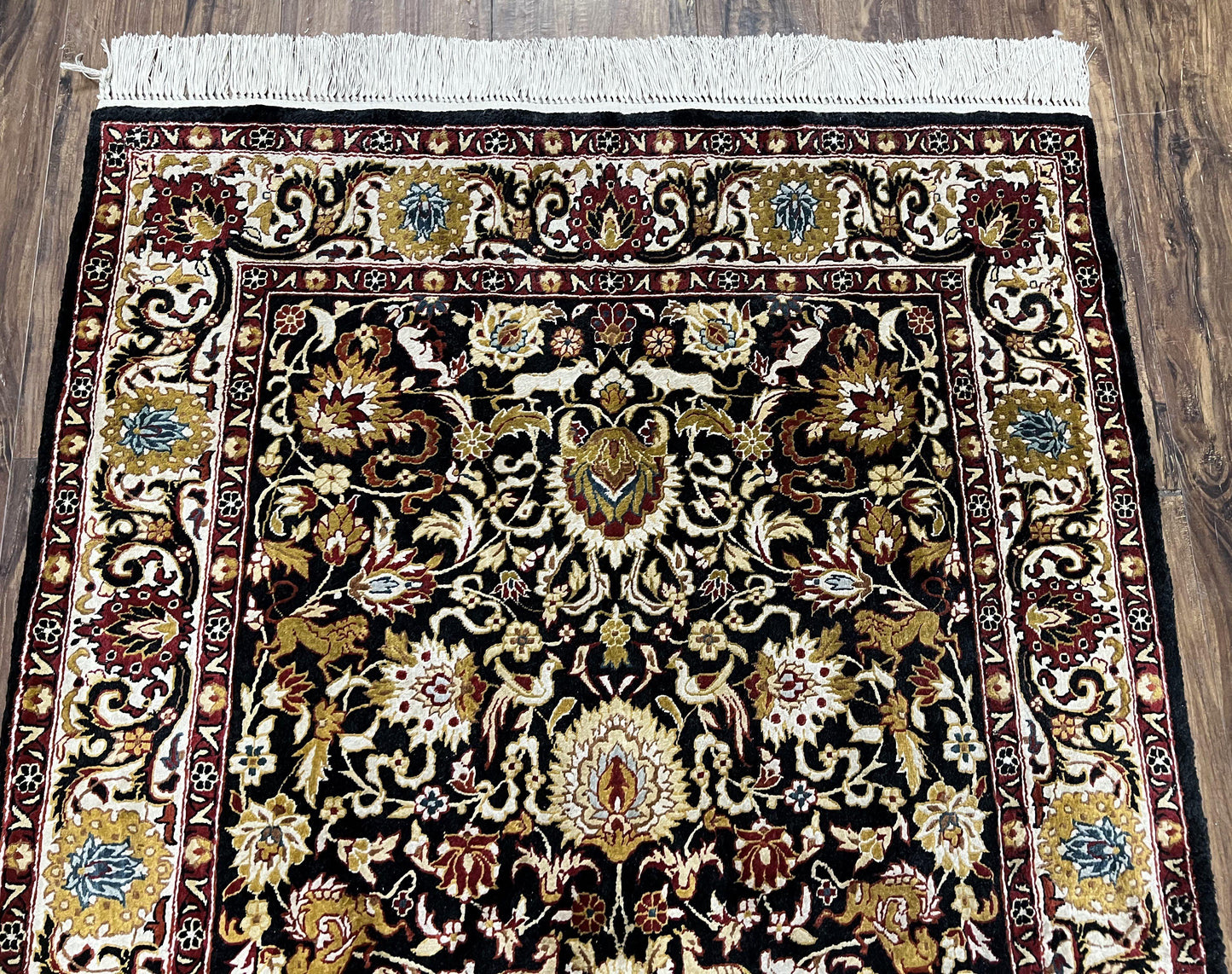 Sino Persian Silk Rug 3x5 Oriental Carpet 3 x 5 Fine Silk Rug, Black Ivory Gold, Animal Motifs, Flowers, High Quality, Vintage Silk Rug Wow