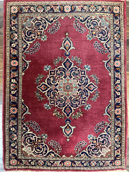 Small Persian Kashan Rug 2x3, Red and Navy Blue, Handmade Vintage Wool Semi Antique Persian Carpet, Semi Open Field