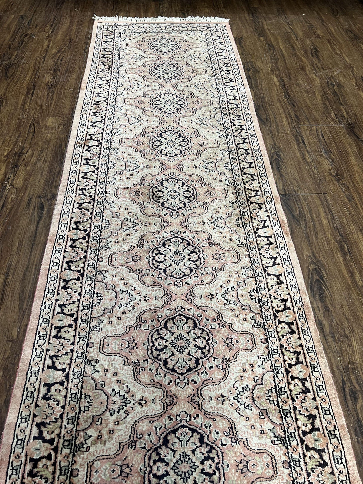 Silk Kashmiri Runner 2.7 x 10 ft Vintage Rug, Ivory Pastel Pink, Hand-Knotted Vintage Runner, Hallway Carpet, Indian Rug Medallion Runner