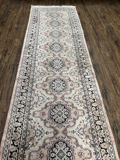 Silk Kashmiri Runner 2.7 x 10 ft Vintage Rug, Ivory Pastel Pink, Hand-Knotted Vintage Runner, Hallway Carpet, Indian Rug Medallion Runner