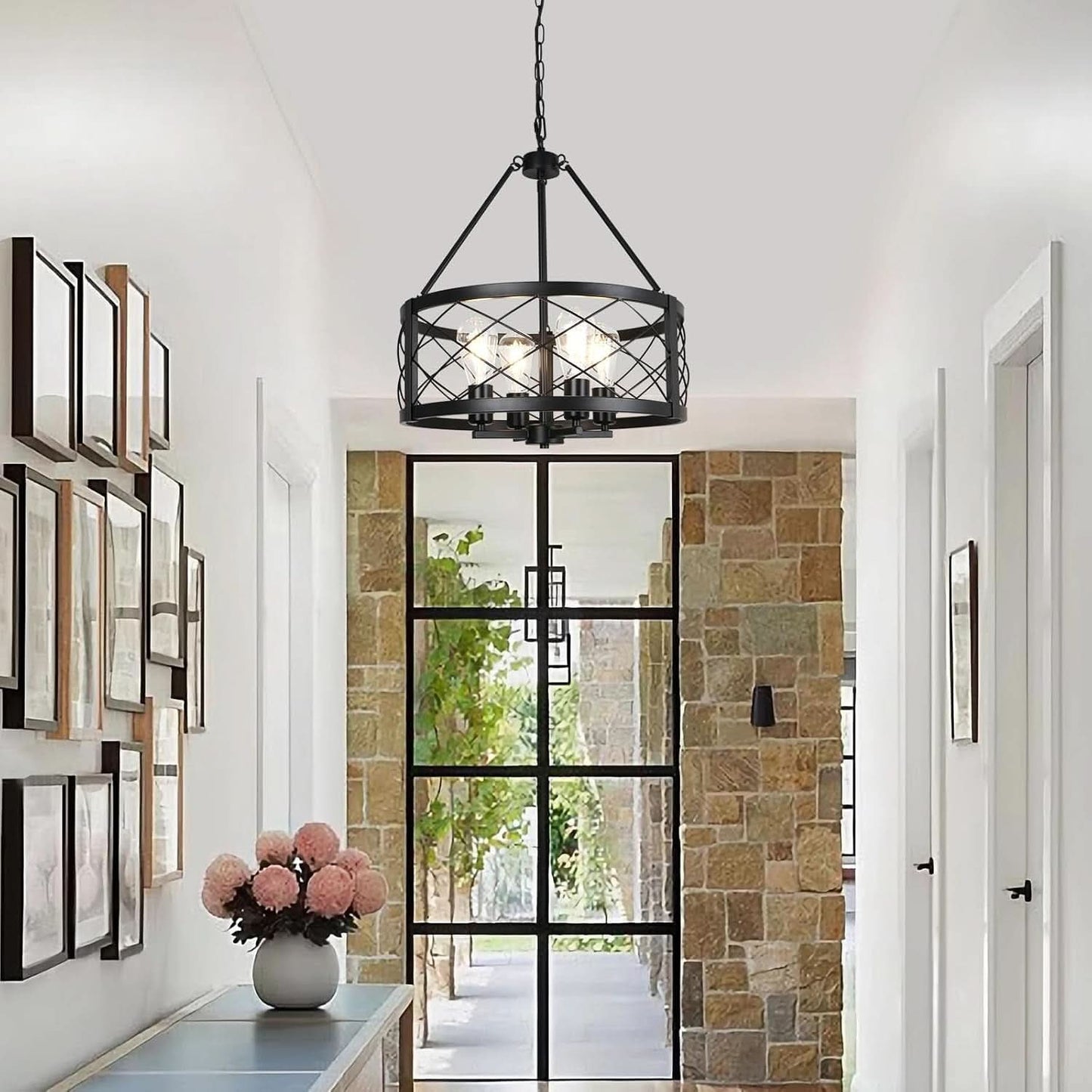 Black Industrial Chandelier Four Light Drum Fixture