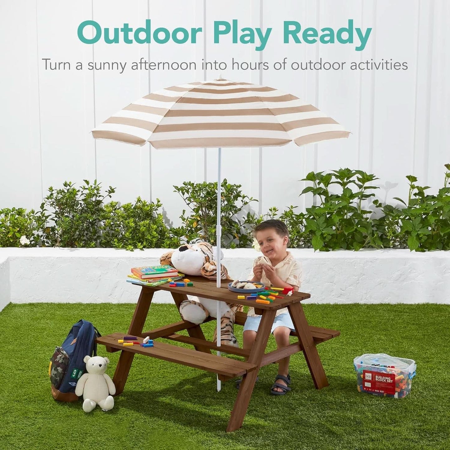 Walnut Wooden Kids Picnic Table With Adjustable Umbrella