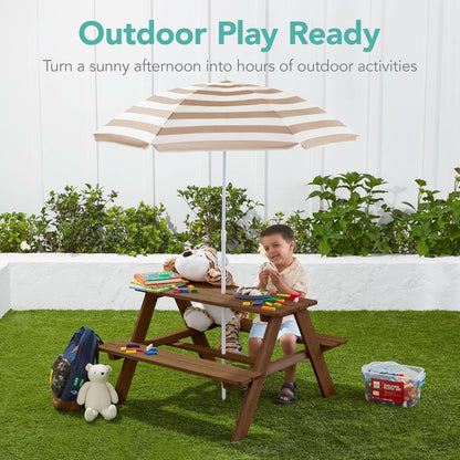 Walnut Wooden Kids Picnic Table With Adjustable Umbrella