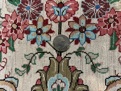 Silk Persian Tabriz Round Rug 3x3 ft, Very Fine Hand Knotted Carpet 380 KPSI, Cream & Gold, Bird Pictorials, Floral, Rare