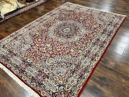 Persian Rug 7x10, Kirman Oriental Carpet 7 x 10 ft, Hand Knotted Wool Floral Medallion Semi Antique Persian Rug, Dark Red Light Blue Vintage