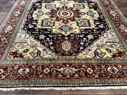 Indo Persian Heriz Rug 8x10, Geometric Medallion, Serapi Carpet, Wool Vintage Rug