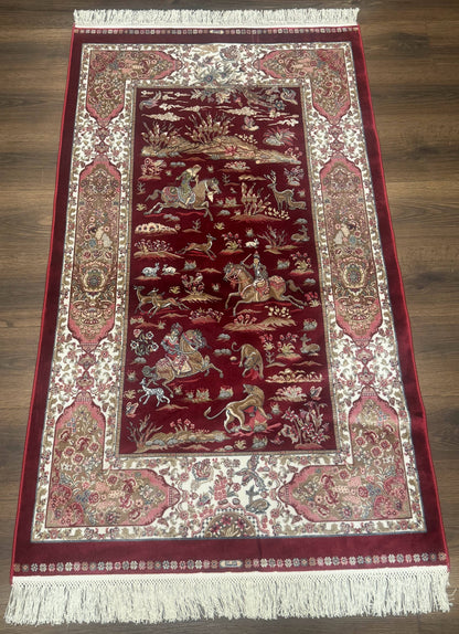 Turkish Silk Rug 3x5, Hunting Design, Dark Red & Ivory, Bamboo Silk, New