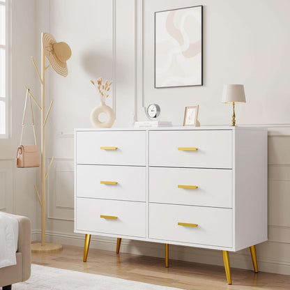 White Six Drawer Dresser Featuring Goldtone Handles