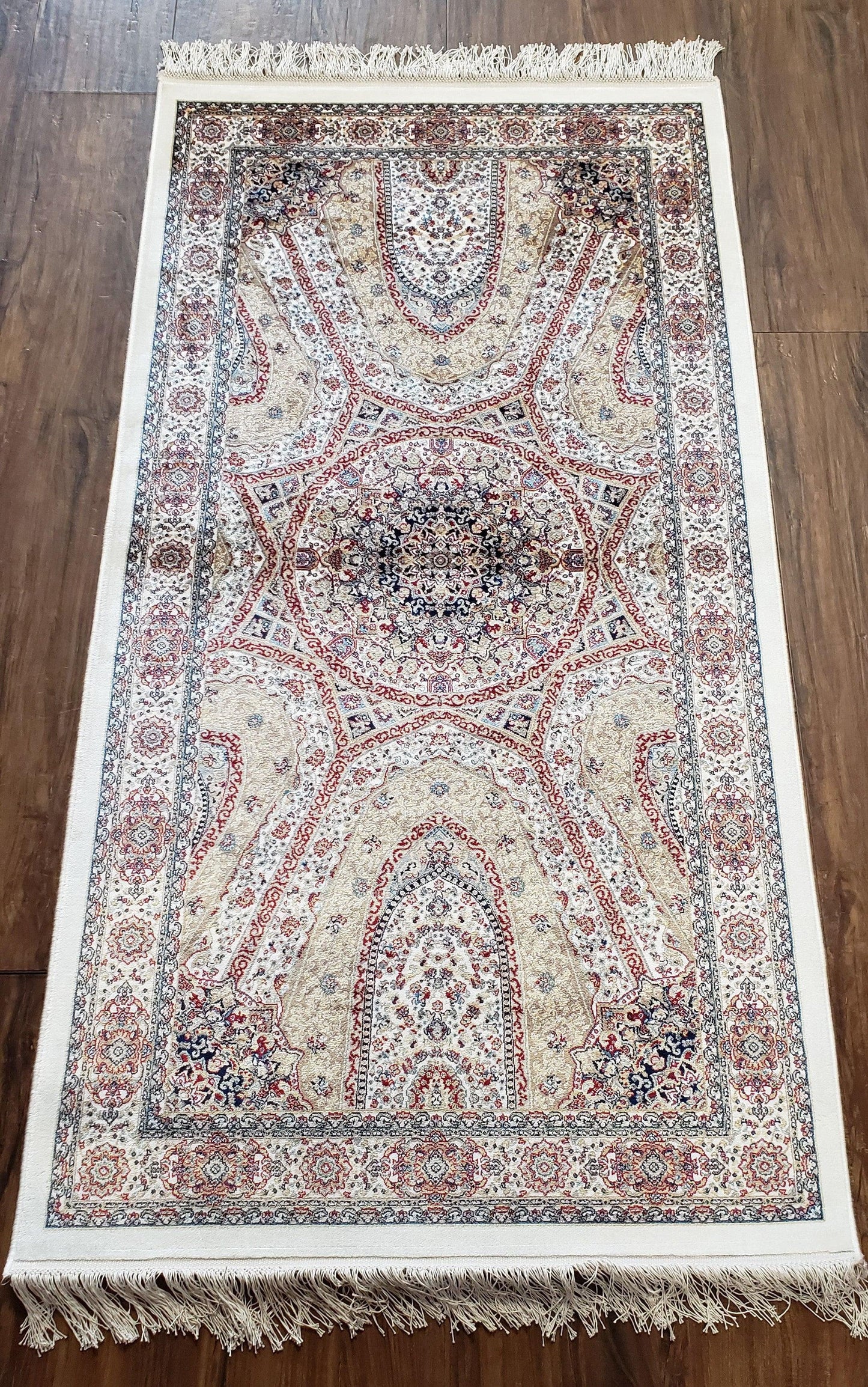 Beige & Cream Small Turkish Silk Rug, Bamboo Silk, Power-Loomed, Persian Design, High Quality, Soft Accent Rug, 3x5 ft, 2' 8" x 4' 11"