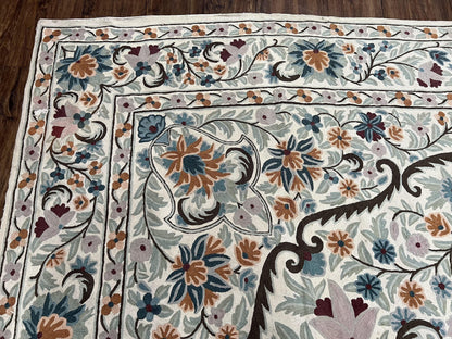 Chain Stitched Rug 9x12 Vintage Carpet 9 x 12 Flatweave Rug, Ivory Teal Rug, Area Rug 9 by 12, Hand Stitched Rug, Medallion, Indian Rug