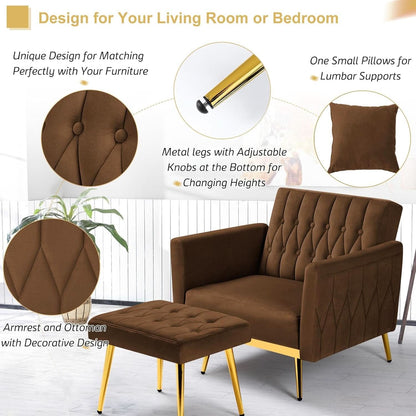 2 Piece Velvet Sofa Set With Adjustable Armrests, 70 Inch Convertible Futon Sofa Bed, Brown