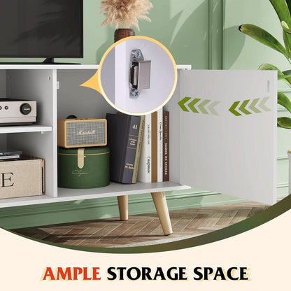 55-Inch TV Stand White Mid-Century Modern Storage Shelves